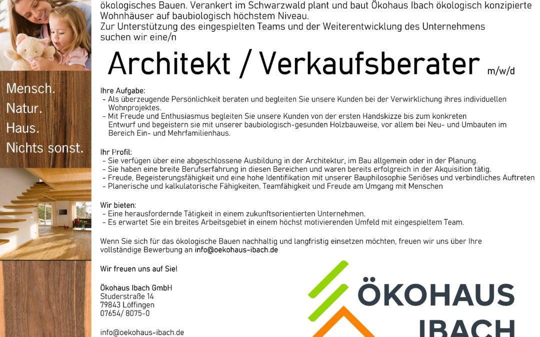 Wir stellen ein: Architekt / Verkaufsberater m/w/d